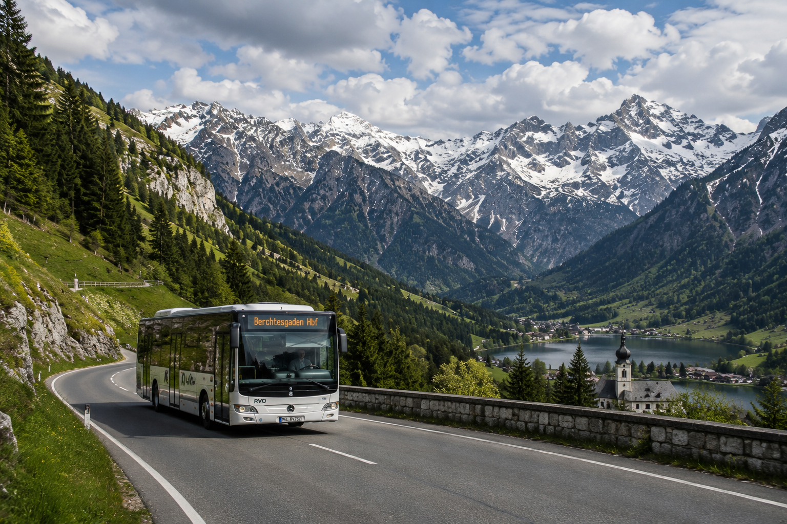Luxury coach travelling through the German Alps at golden hour